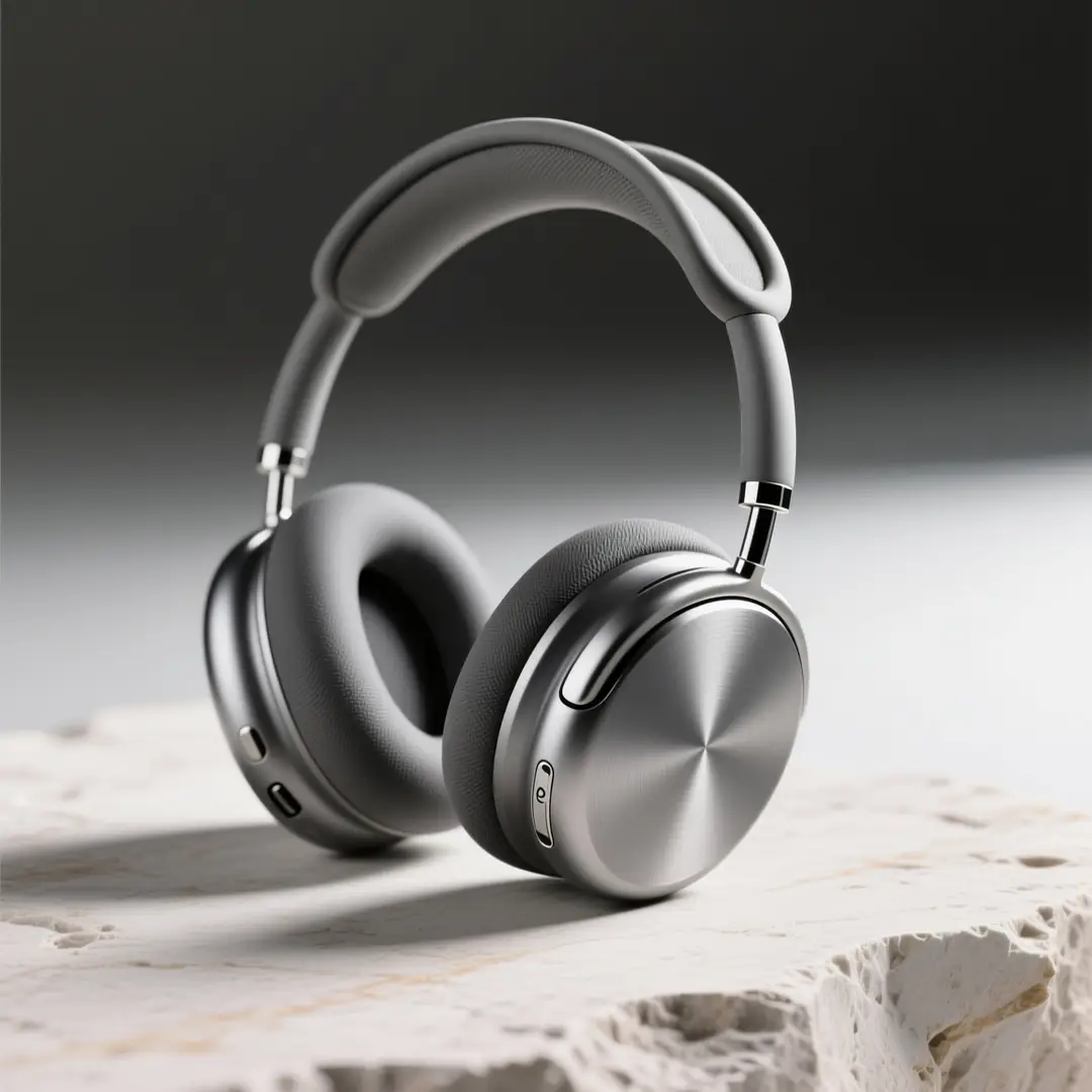 A crisp wireless headphones product showcase shot with intentional material selections and a luxury color palette.